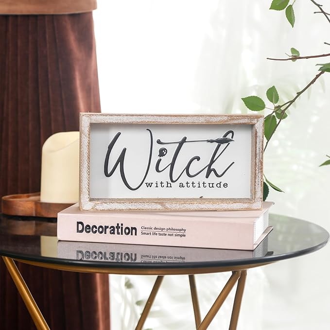 Embossed Witch Sign, Farmhouse Halloween Decorations Indoor, Vintage Halloween Tiered Tray Decor, Funny Spooky Halloween Centerpieces for Table Cubicle Desk Mantel Fireplace