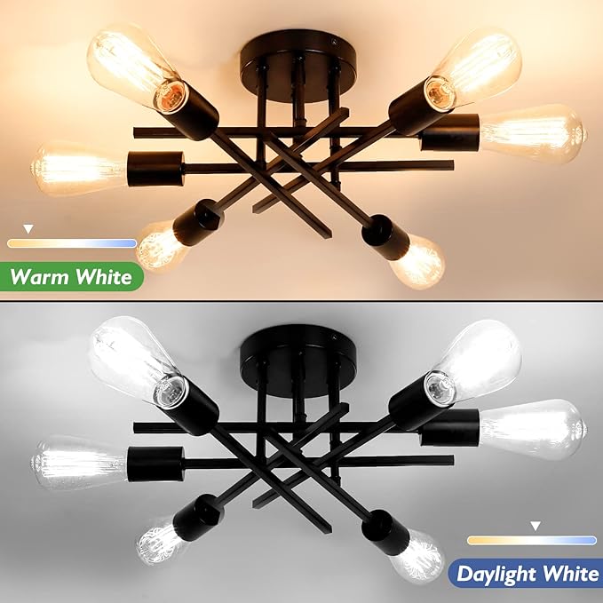 TOBUSA 6-Light Semi Flush Mount Ceiling Light Fixture, Black Sputnik Ceiling Light, Modern Close to Ceiling Light Fixture for Kitchen Bedroom Dining Room Living Room Hallway Chandelier, E26 Socket
