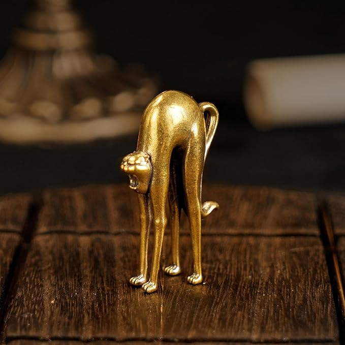 CHOVY Retro Handcrafted Stretching Cat Sculpture - 100% Solid Brass Elegant Desk & Tabletop Decor, Collectible Art Ornament for Home & Office | Unique Gift for Cat Lovers