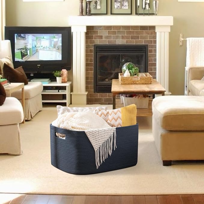 OIAHOMY 75L Large Blanket Basket, Woven Storage Basket with Handle, Cotton Rope Basket 22”x17”x12”,Blanket Basket Living Room, Toy Basket for Nursery, Blue