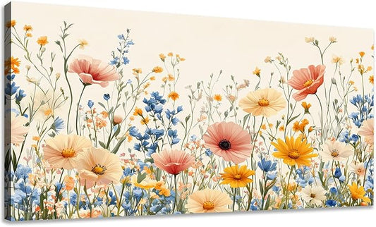 KZKU Floral Canvas Wall Art Wildflower Garden Print 30x58 inches Pink Yellow Blue Watercolor style Flower Picture for Bedroom Living Room Artwork Home Wall Decoration