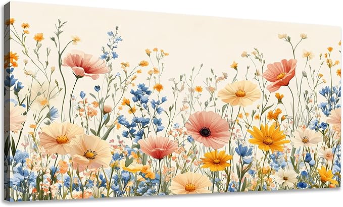 KZKU Floral Canvas Wall Art Wildflower Garden Print 24x48 inches Pink Yellow Blue Watercolor style Flower Picture for Bedroom Living Room Artwork Home Wall Decoration