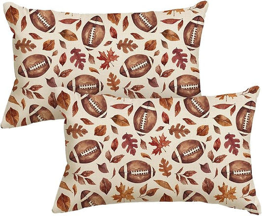 AVOIN colorlife Fall Football Maple Leaves Throw Pillow Covers 12x20 Inch, Seasonal Autumn Thanksgiving Harvest Cushion Case Decoration for Sofa Couch Set of 2