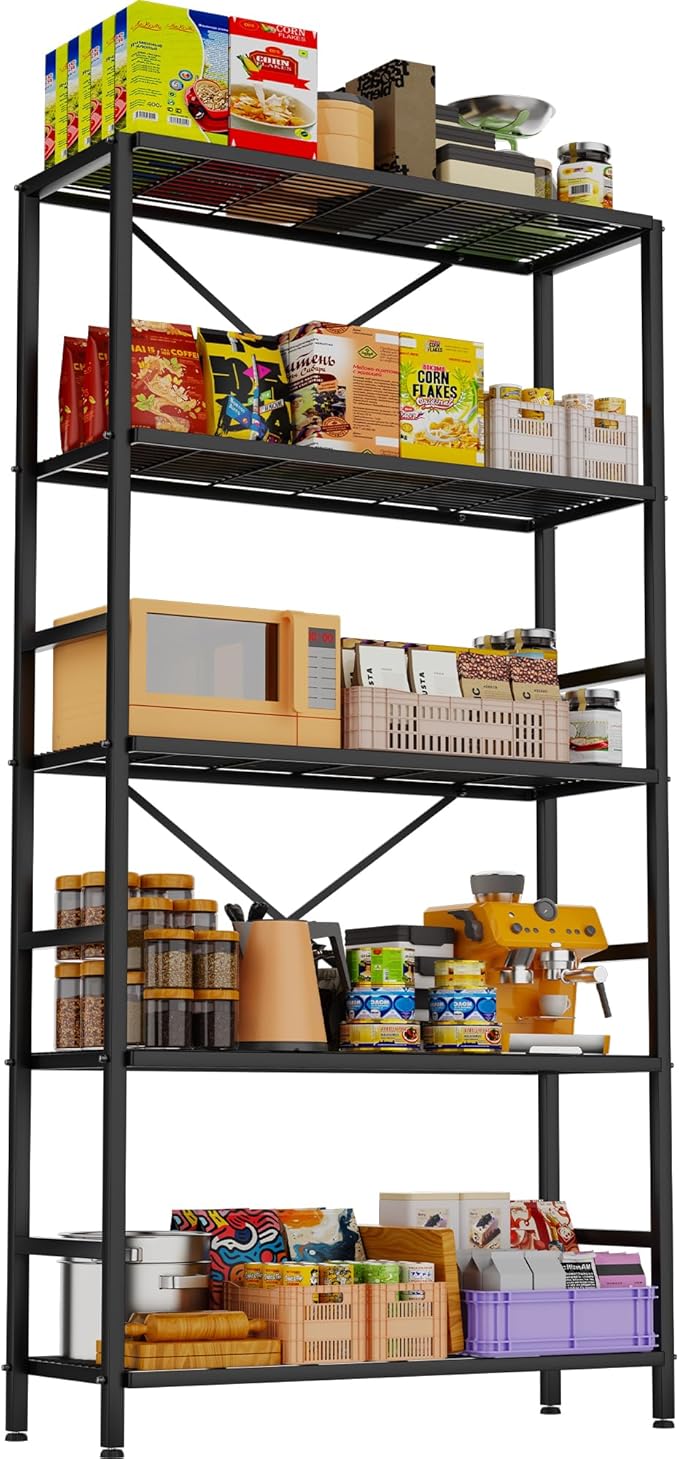 5-Tier Heavy Duty Garage Shelving Unit,Standing Storage Shelf,Metal Wire Rack Shelf Suitable for Laundry Rooms,Bathrooms,Kitchen Storage Rooms,Wardrobes(Black,37.8L x 14W x 65.7H)