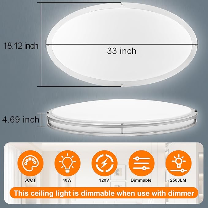 33 Inch Oval Brushed Nickel Ceiling Light Fixture - Flush Mount LED Kitchen Ceiling Lamp 3000K/4000K/5000K Adjustable Brushed Nickel Bathroom LED Light for Bedroom 40W 2500LM