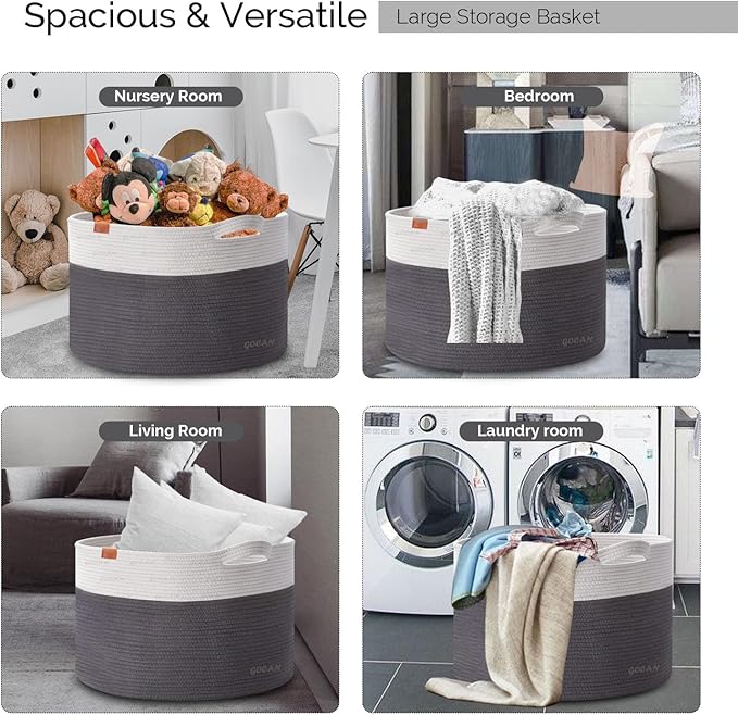 Extra Large Laundry Basket toy storage 22"X22"X14" blanket basket Cotton Rope Woven Baskets with Handles for Living Room (Grey/Beige) XXXL