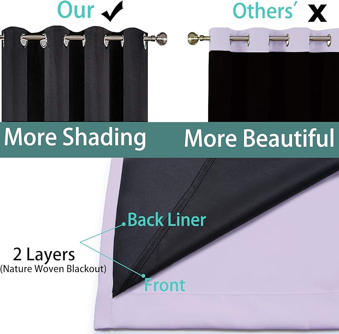 Yakamok 2 Thick Layers 100% Completely Blackout Window Curtains,Thermal Insulated Noise Reducing Drapes for Girl's Bedroom(52Wx90L, Lilac, 2 Panels)