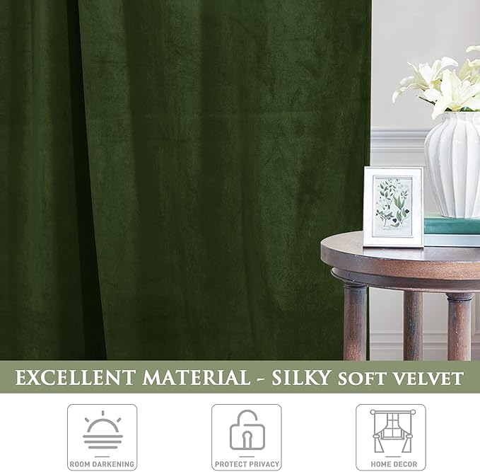StangH Moss Green Curtains 108 inches Long - Luxury Velvet Room Darkening Sliding Door Drapes Thermal Insulated Soundproof Room Dividers for Closet, W52 x L108, 2 Panels