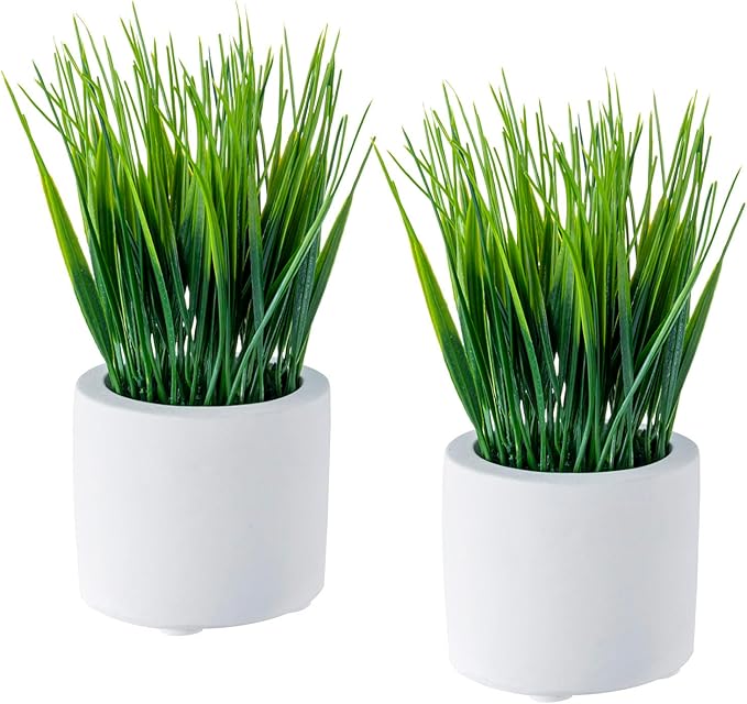 MyGift Artificial Grass Plants in Modern Cylindrical White Cement Pots, Decorative Faux Greenery Plant in Tabletop Planter, Set of 2
