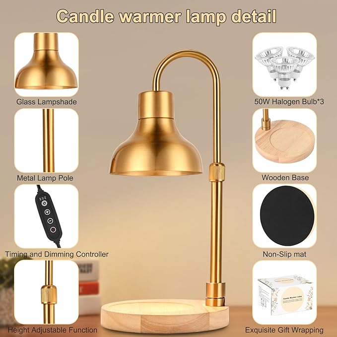 Candle Warmer Lamp with Timer & Dimmer, Adjustable Height Electric Candle Warmer with 3 Bulbs,Compatible with All Size Scented Candles, Wax Melt Warmer for Bedroom,Home Decor House Warming Gifts