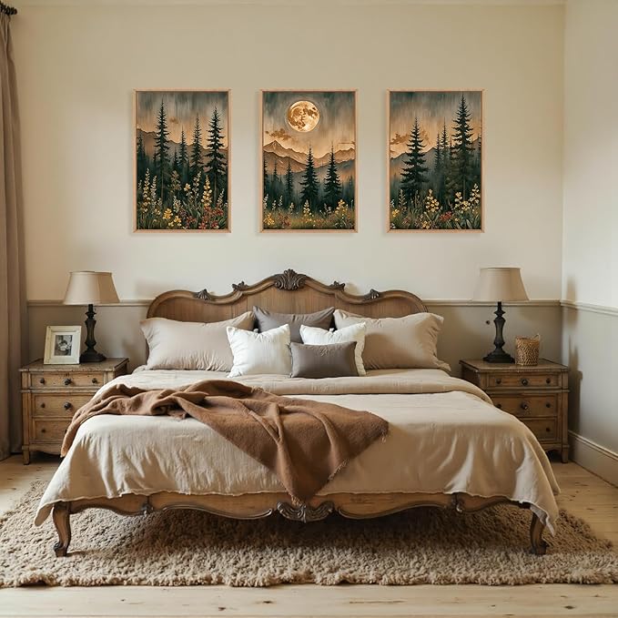 HOURIA Nature Forest Mountain Framed Canvas Wall Art Set,Moonlight Pine Tree Flower Wall Decor,Wilderness Field Wall Painting,Vintage Botanical Art Prints for Living Room,Bedroom,Farmhouse-16 x24 x3