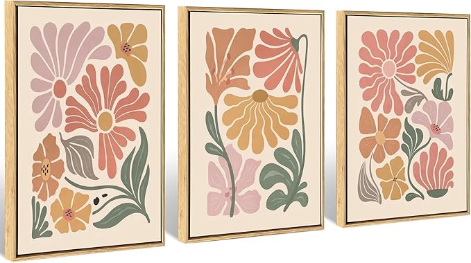 WRFON Boho Abstract Floral Canvas Wall Art, Flower Market Poster Prints, Minimalist Vibrant Botanical Aesthetic Pictures, Modern Nature Plant Wall Decor for Living Room Bedroom Framed 16"x24"x3