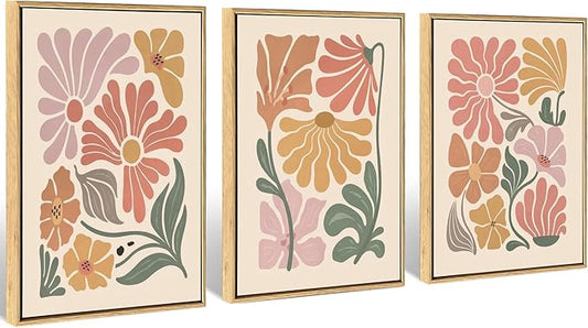 WRFON Boho Abstract Floral Canvas Wall Art, Flower Market Poster Prints, Minimalist Vibrant Botanical Aesthetic Pictures, Modern Nature Plant Wall Decor for Living Room Bedroom Framed 16"x24"x3