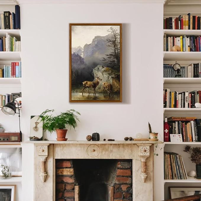 crmotu Vintage Framed Wall Art, Animal Deers Painting Canvas Prints, Mountain Mist Landscape Rustic Home Decorations, Nature Aesthetic Pictures Wall Decor Living Room Bedroom Bathroom Kitchen 16x24in