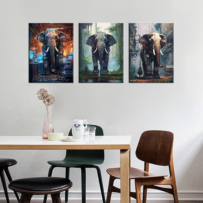 Animal Canvas Wall Art Cyberpunk Style Giant Machine Elephant HD Picture Painting Theme Abstract Poster Print Wall Decor for Modern Home Bathroom Kitchen Workplace Ready to Hang [36''W x 16''H]