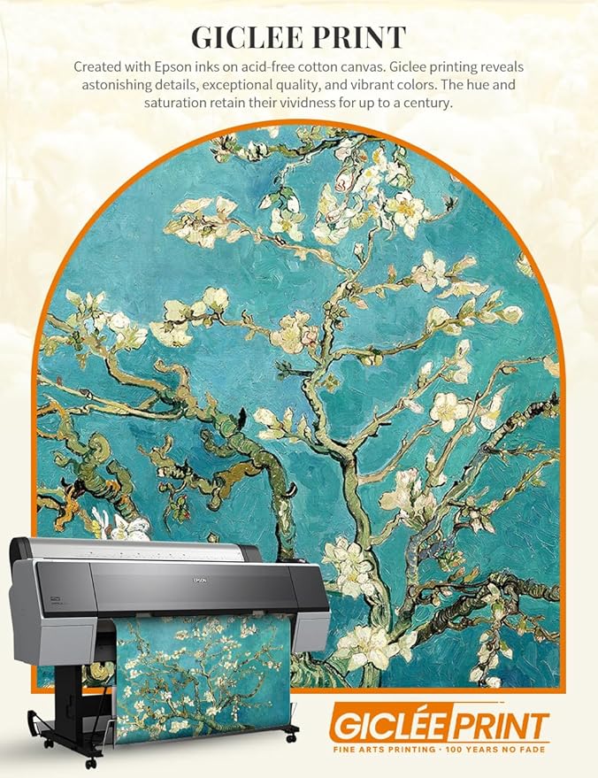 DECORARTS - Almond Blossom Tree by Vincent Van Gogh. Giclee Print on Acid-Free Canvas in Gold Solid Wood Frame. Picture Size: 20x16, Total Size: 24.75x20.75, Made in USA