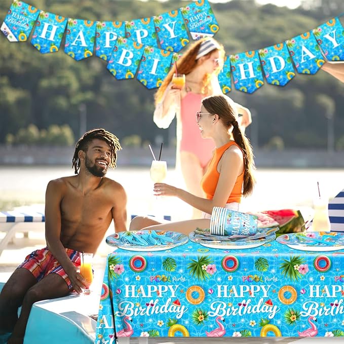 142 Pieces Pool Birthday Party Supplies - Summer Pool Tableware Set Plate,Cups,Tablecloth for Summer Pool Birthday Party, Hawaii Holiday Decorations