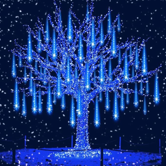 Aukora Christmas Lights Outdoor，LED Meteor Shower Lights 11.8 inch 8 Tubes 192leds Rain Drop Light, Icicle Snow Falling Light for Christmas Tree Halloween Party Holiday Thanksgiving Decoration(Blue)