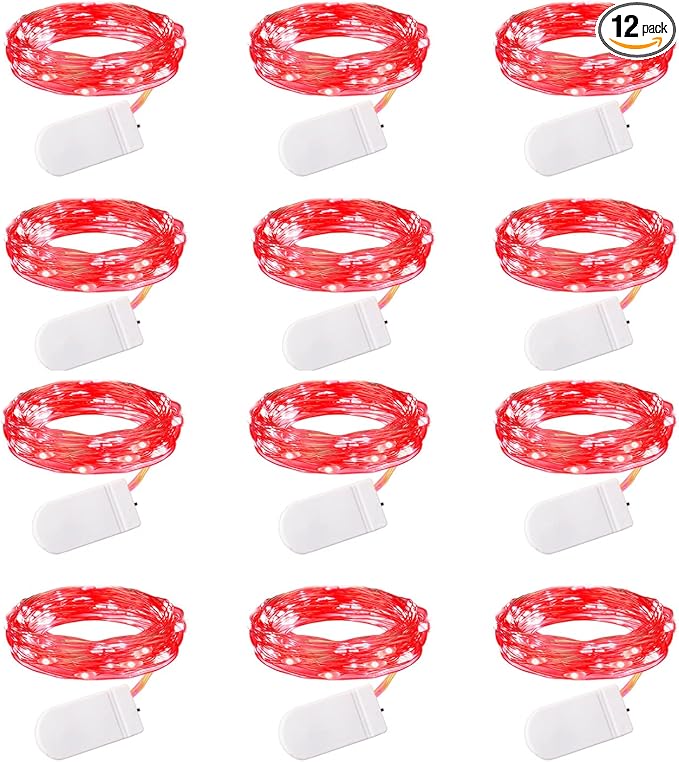 Brightown 12 Pack LED Fairy Lights, Waterproof, Red, 7 Feet, 20 LEDs, Battery Operated, Flexible Silver Wire, Safe, Energy Saving, Long-Lasting, Indoor and Outdoor Use