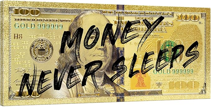 Money Wall Art - Yellow Golden 100 Dollar Bill Canvas Print, Framed Inspirational Quotes Wall Decor Money Never Sleeps Motivational Artwork Ready to Hang-32x16 inch