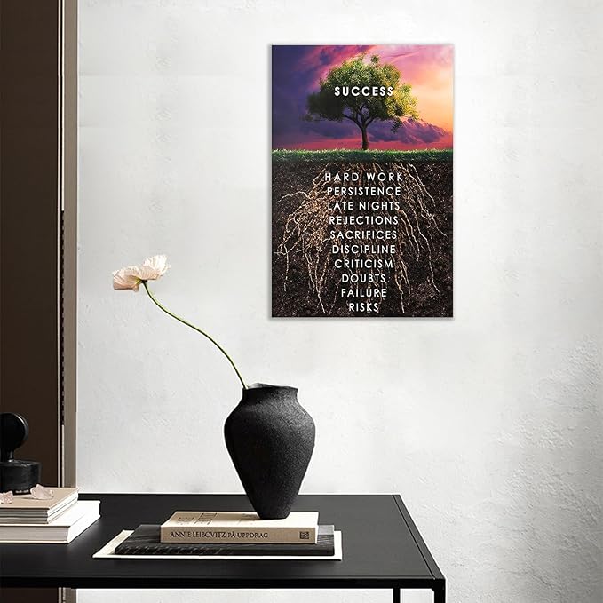 Success Tree Wall Art HD Printed Pictures Canvas Inspirational Motivation Entrepreneur Quotes Pictures Posters Home Decor Nordic Painting Frame for Living Room Ready to Hang [18''W x 12''H]