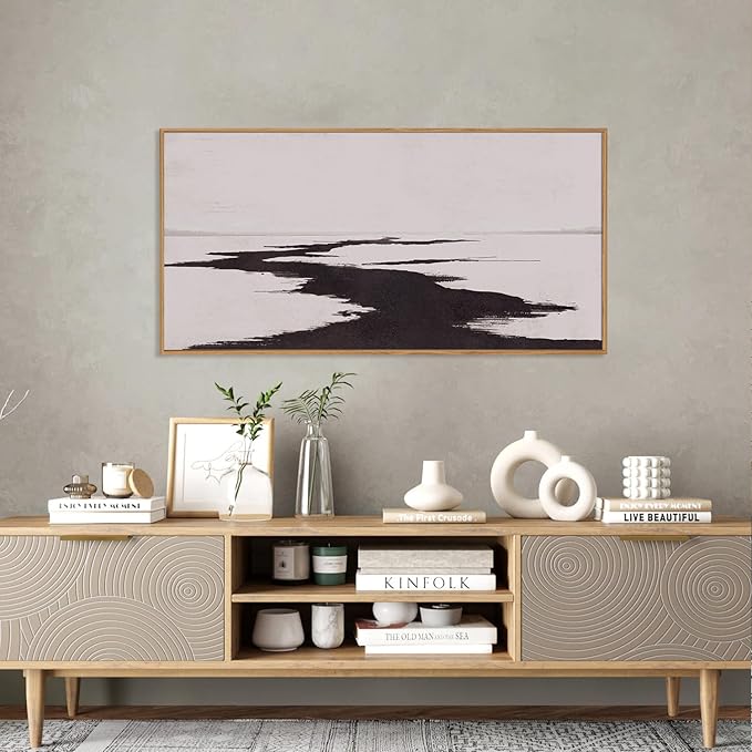 KAIRNE Abstract Neutral lake Framed Wall Art Set, Neutral Shape Wall Painting, Abstract Black and Grey Landscape Wall Decor, Modern Watercolor Art Print for Living Room, Bedroom, Office - 20"x40"