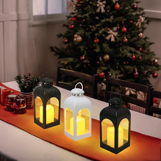 Decor Modern Farmhouse Lantern Decor Set of 4, Black Metal Small Candle Lanterns, Wooden Lanterns Decorative w/Timer & Remote-Controlled Flickering Candles for Home, Indoor, Table (Black&glod)