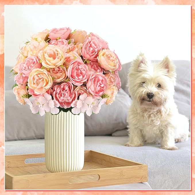 Geosar 8 Bundles Artificial Peonies Flowers Fake Silk Peony Bouquet Faux Peonies Flowers Bulk for Decoration Vase Florals Arrangements Wedding Party Table (Pink,Yellow)