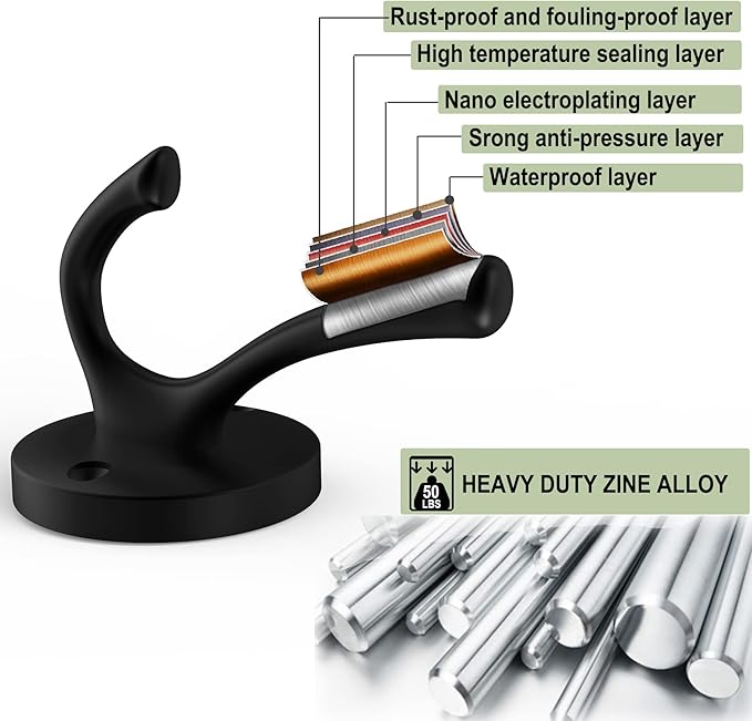 Black Wall Hooks, 6 Pack Coat Towel Hook Heavy Duty Metal Double Bath Robe Hook Wall Mounted, Hat Hooks for Cubicle Bathroom Kitchen Closet Garage