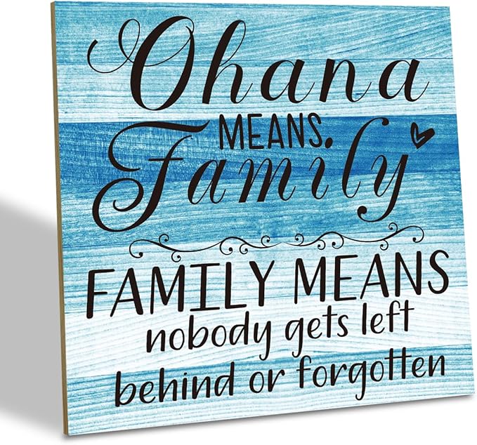 Family Wooden Plaque, “Family Means Nobody Gets Left Behind or Forgotten”, 6.2x6.2 Inch Table Art Sign, Farmhouse Quote Decor for Living Room or Home Tabletop B