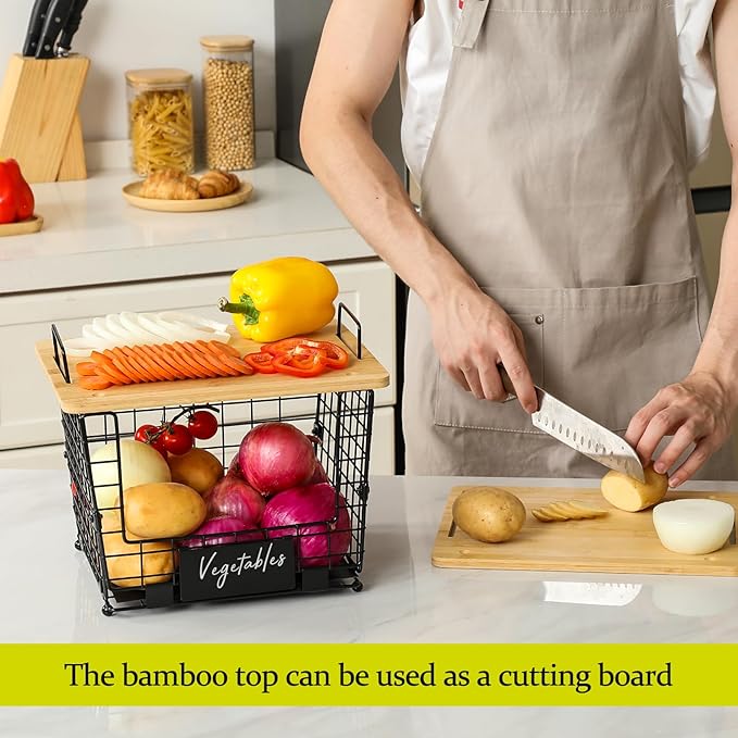 2 Set Large Stackable Wire Basket with Bamboo Tops & Tag- Pantry Organizer and Storage Bins, Kitchen Counter Cabinet Shelf Countertop Under Sink Organizing for Food Snack Produce Onion Potato Bread
