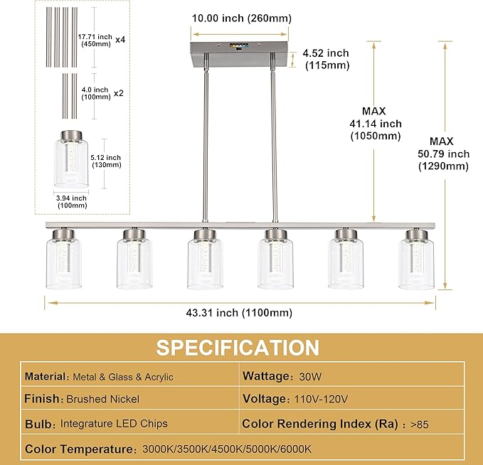 6-Lights 5CCT LED Pendant Light Fixtures LED Integrated Bulbs Included, Modern Dining Room Linear Chandelier with Bubble Crystal LED & Clear Glass Shade, Brushed Nickel Kitchen Island Light
