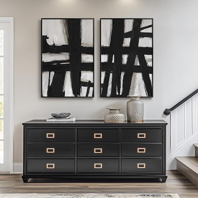 Large Framed Black and White Abstract Wall Art, 2 Piece Modern Canvas Prints Paintings Artwork for Walls, Minimalist Black Lines Pictures for Living Room Hallway Bedroom Office Wall Decor