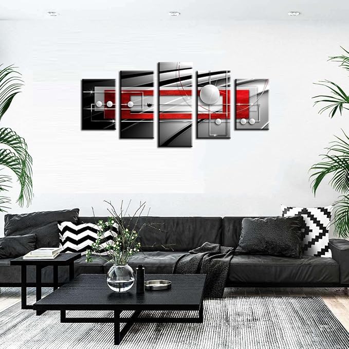 AWLXPHY Decor Abstract Wall Art Canvas Red and Black 5 Pieces for Bedroom Decor Modern Simple Geometric Framed Painting Circle Line HD Print Artworks Giclee Small (Red, W40 x H20)