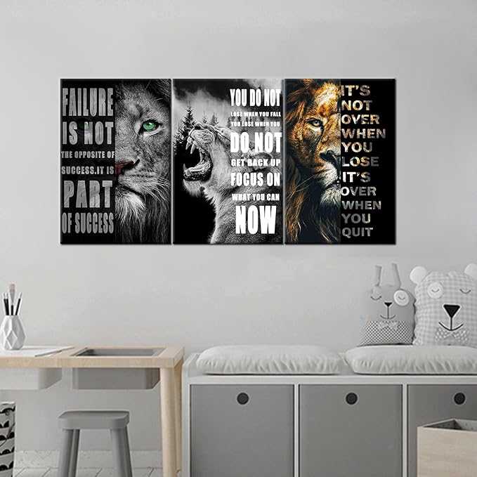 leopard Lion Canvas Wall Art Inspirational Quotes Poster and Print Inspiring 3 Panel Motivational Animal Picture Artwork for Living Room Bedroom Office Home Decor Framed Ready to Hang [48''Wx 24''H]