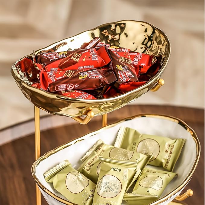 3-Tier Fruit Bowls for Kitchen Counter,Ceramic Bowl with Gold Metal Stand,3 Tier Fruit Basket for Fruit,Snack,Cake,Nuts,Dessert Storage