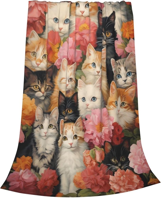 Cute Cat Blanket for Floral Lovers Grils Women Kitten Flower Flannel Throw Blankets for Home Couch Bed Sofa Soft Cozy Lightweight Decor All Season 60x50 Inches