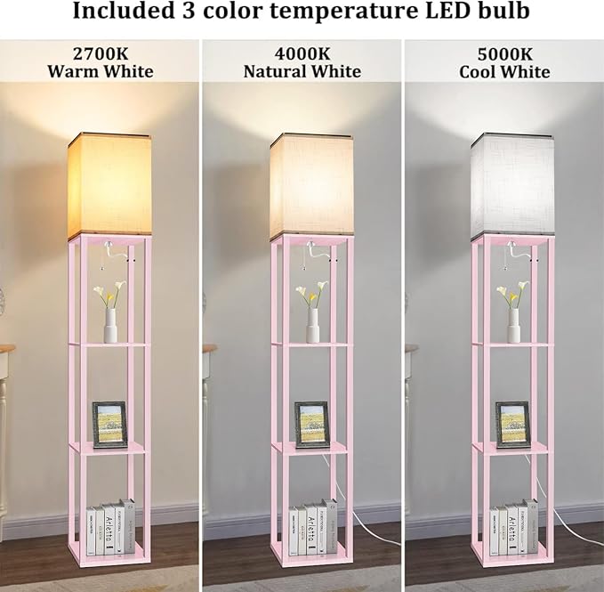 Dott Arts Floor Lamp with Shelves, Floor Lamps for Living Room Decor Display Shelf Lamps with 3 Color LED Bulb, Modern Floor Lamp for Bedroom Standing Lamp for Living Room Office,Home Decor（Pink）