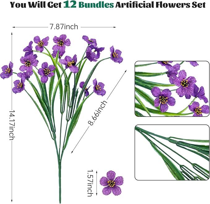 Lnoicy 12 Pcs Artificial Flowers for Outdoor,Plastic Flowers Decoration, UV Resistant Faux Flowers Shrubs, Artificial Plants for Indoor Outside Garden Home Wedding Farmhouse（Purple）