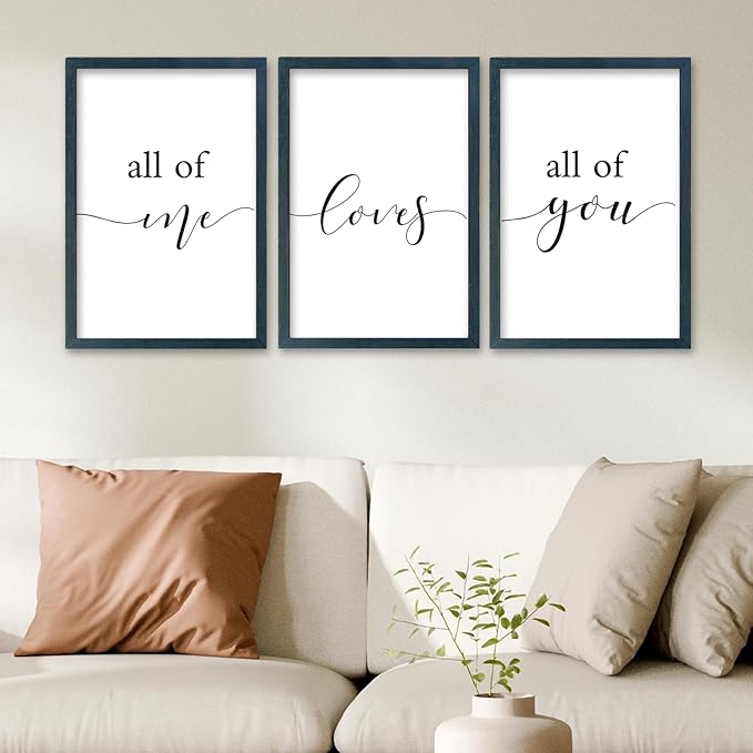 SRSZHIYUE All of Me Loves All of You Sign Wall Decor 16"×11" Set of 3 Framed Wooden Plaque for Master Bedroom Above Over Bed Love Quotes Wall Hanging Art (Black)