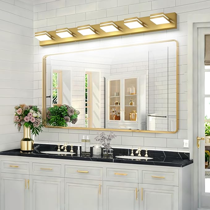 SineRise LED Modern Bathroom Vanity Light Fixtures (6-Light, 48-Inch, Dimmable), Brass Modern Acrylic Bathroom Wall Lighting Fixtures Over Mirror (Cool White 6000K)