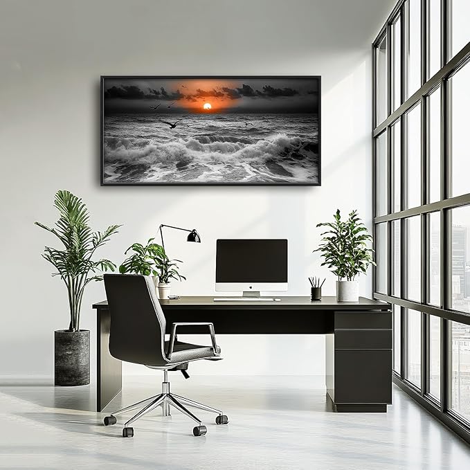 Flintis Large Ocean Sunset Framed Wall Art Beach Seagull Pictures Wall Decor Abstract Natural Landscape Canvas Painting Print Artworks Framed for Living Room Bathroom Master Bedroom 60L X 30W