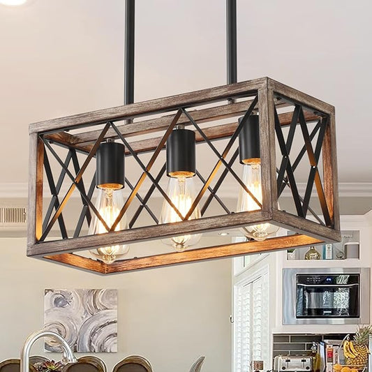 Farmhouse Light Fixtures,3-Light Dining Room Light Fixture,Industrial Metal Kitchen Pendant Lighting Over Island, Chandelier for Dining Table Kitchen Sink, Wood Grain Finish.