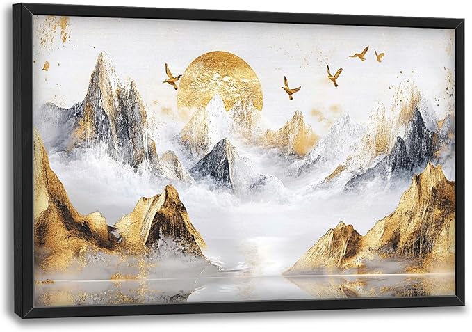 Extra Large Framed Abstract Mountain Wall Art,Golden Silver Sun Bird Wall Decor,Mountain Landscape Pictures for Living Room,Canvas Print Painting Modern Artwork Bedroom Office Bathroom 36L x24W