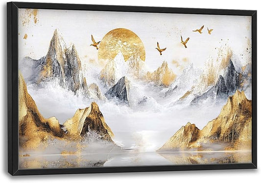 Extra Large Framed Abstract Mountain Wall Art,Golden Silver Sun Bird Wall Decor,Mountain Landscape Pictures for Living Room,Canvas Print Painting Modern Artwork Bedroom Office Bathroom 36L x24W