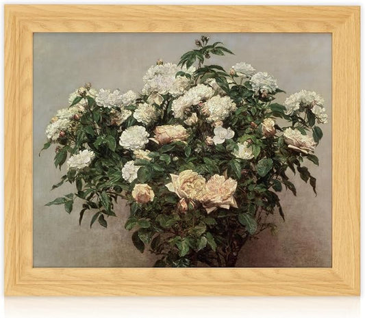 Brivoria Framed Canvas Wall Art Vintage Decor, Botanical Rose Plant Artwork with Blooming White and Pink Flowers and Soft Tones for Entryway Dining Room or Traditional Wall Decoration, 13"x16"