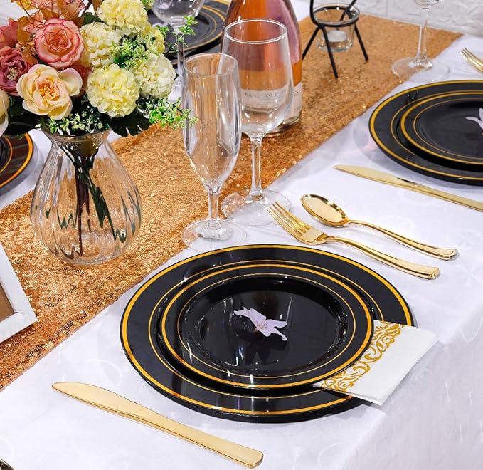 WDF 125Pieces Black Plates Disposable with Gold Rim & Disposable Gold Plastic Silverware for Halloween - 50 Graduation Plates - 25 Forks, 25 Knives, 25 Spoons