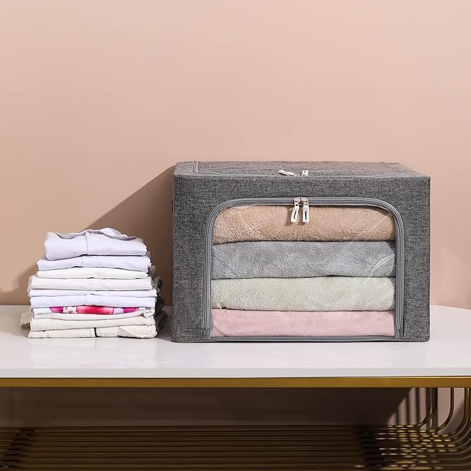 3Pack Foldable Storage Bins - Frame Storage Box Linen Fabric Stackable Clothes Container Organizer with Clear Window & Carry Handles Large Capacity (Large-66L, Dark Gray)