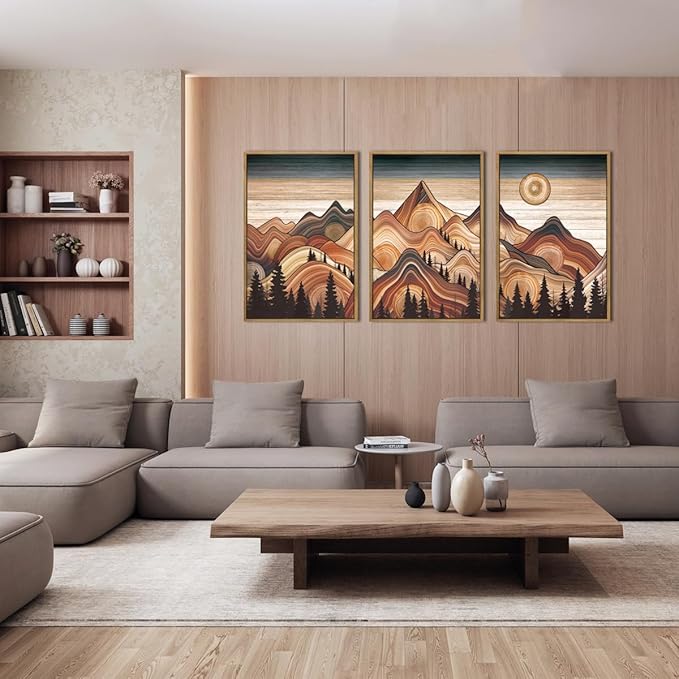 IARTTOP Large Mountain Framed Canvas Wall Art 16x24 Inch Vintage Mountain Landscape Art Prints Set of 3 Abstract Nature Scenery Wall Decor for Living Room Bedroom Office
