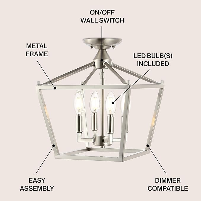 JONATHAN Y JYL7610D Plains Mini Lantern 12" 4-Light Iron Modern Farmhouse LED Flush Mount, Office, Living Room, Family Room, Dining Room, Bedroom, Hallway, Foyer, Nickel